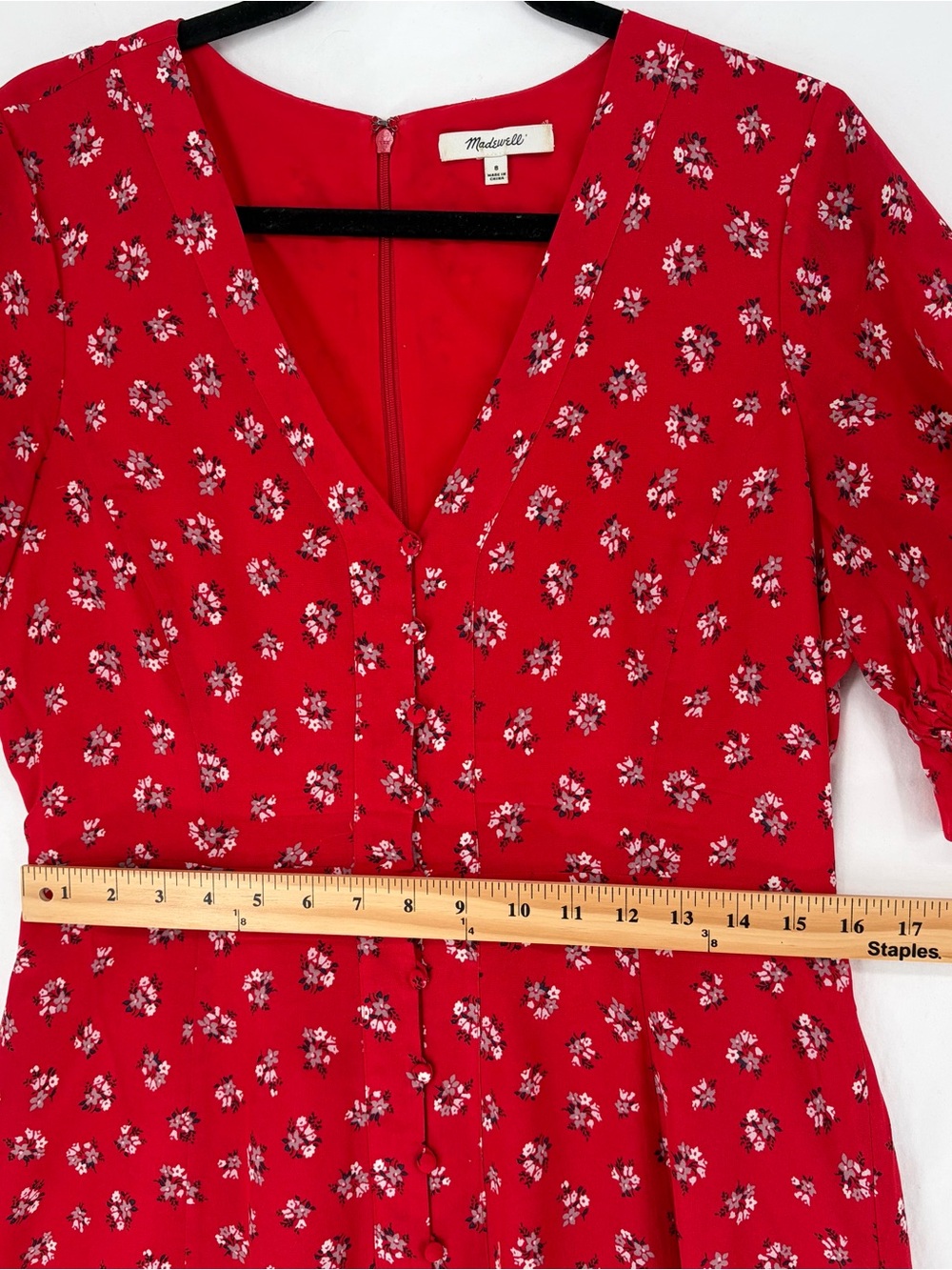 Madewell Babydoll Dress Red Floral Sz 8 100% Silk 90s Style V-Neck Button Front - Picture 10 of 14